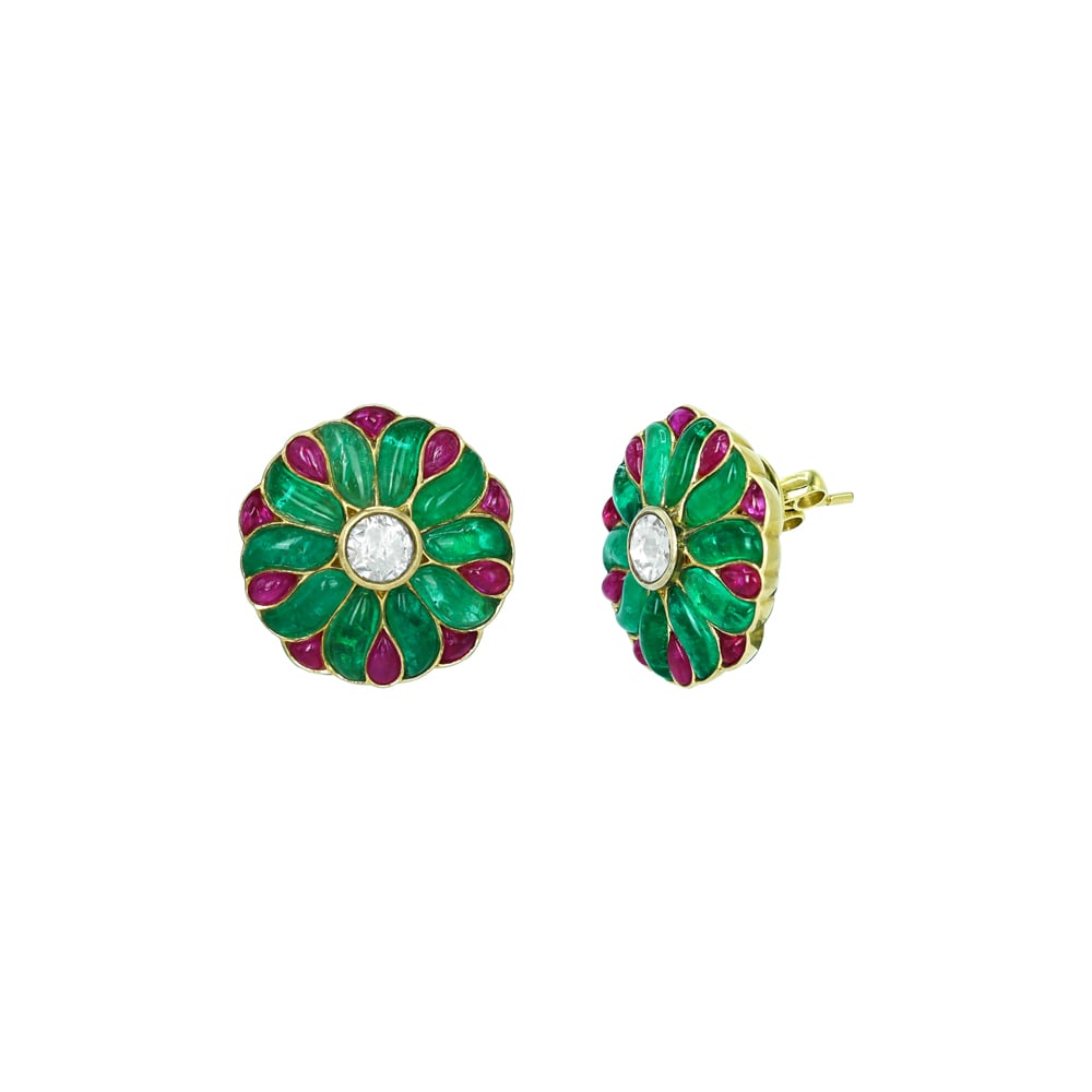 Floral Polki Stud Earrings with Emerald and Ruby Petals